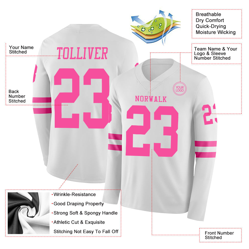 Custom White Pink Long Sleeve Authentic Football Jersey view 2