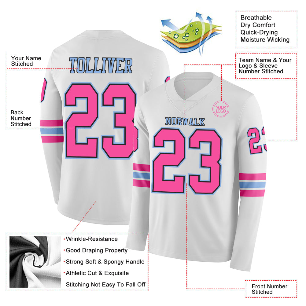 Custom White Pink Black-Light Blue Long Sleeve Authentic Football Jersey view 2
