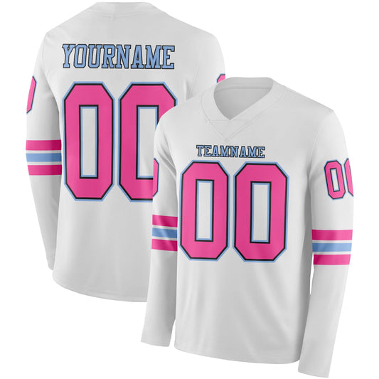 Custom White Pink Black-Light Blue Long Sleeve Authentic Football Jersey - Main View