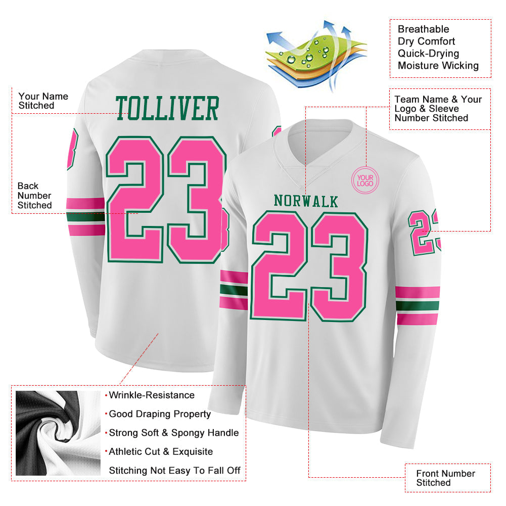 Custom White Pink-Kelly Green Long Sleeve Authentic Football Jersey view 2