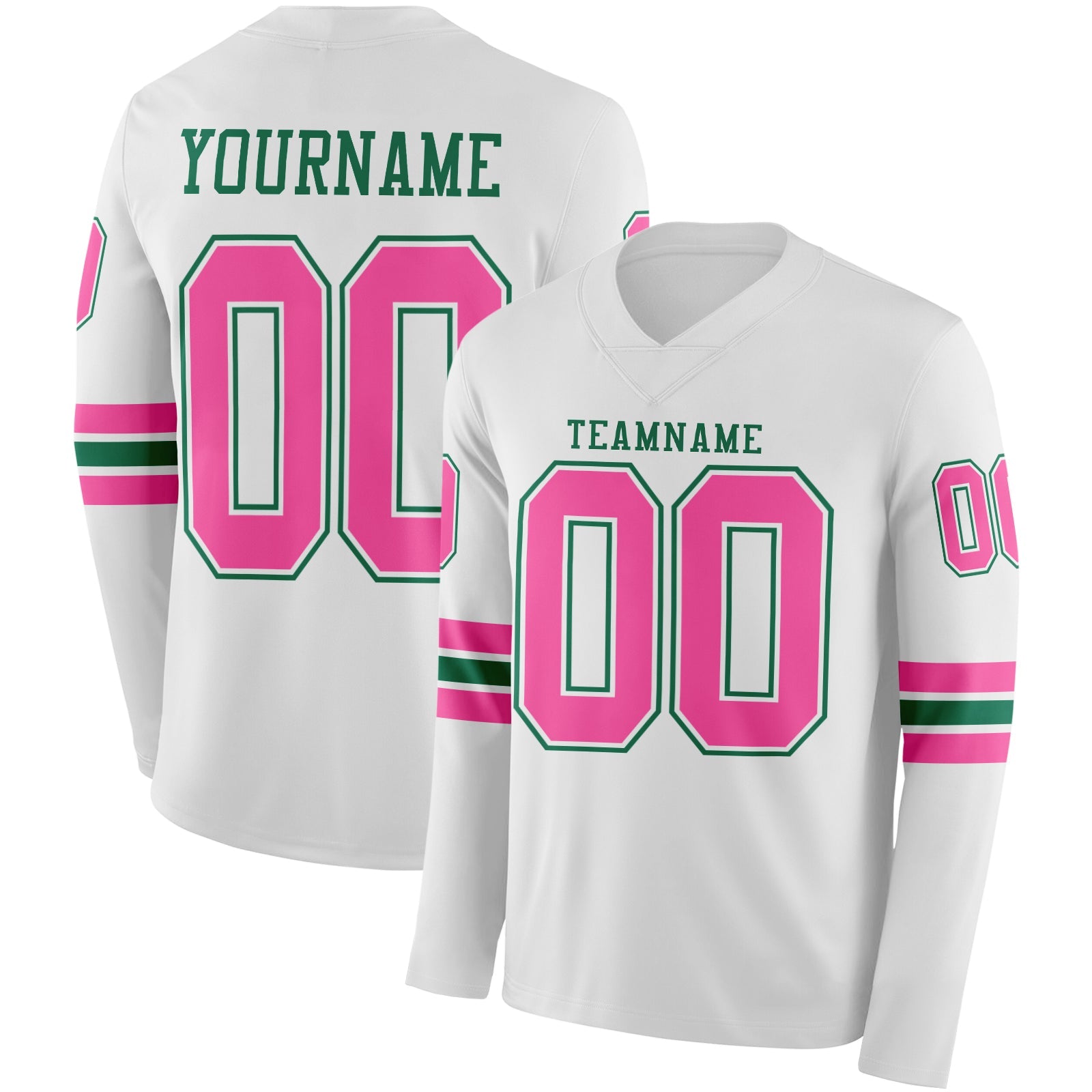 Custom White Pink-Kelly Green Long Sleeve Authentic Football Jersey - Main View