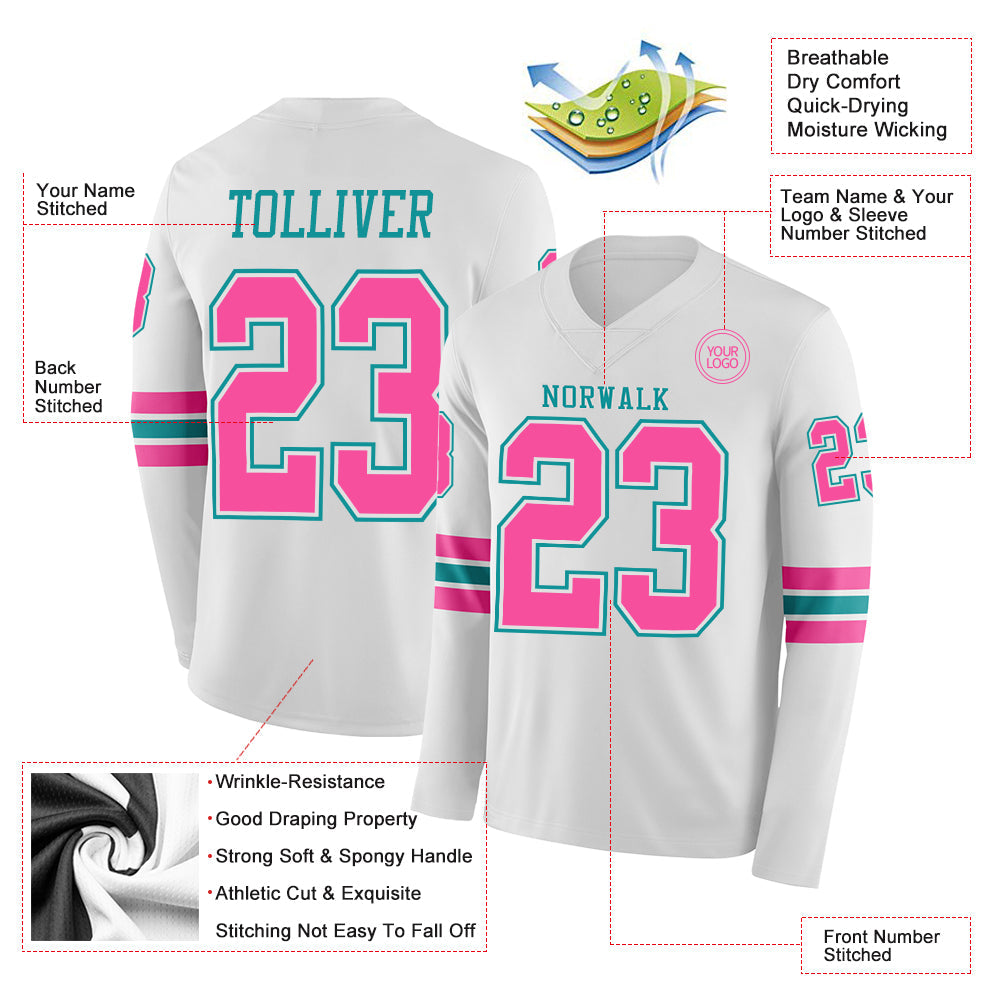 Custom White Pink-Teal Long Sleeve Authentic Football Jersey view 2