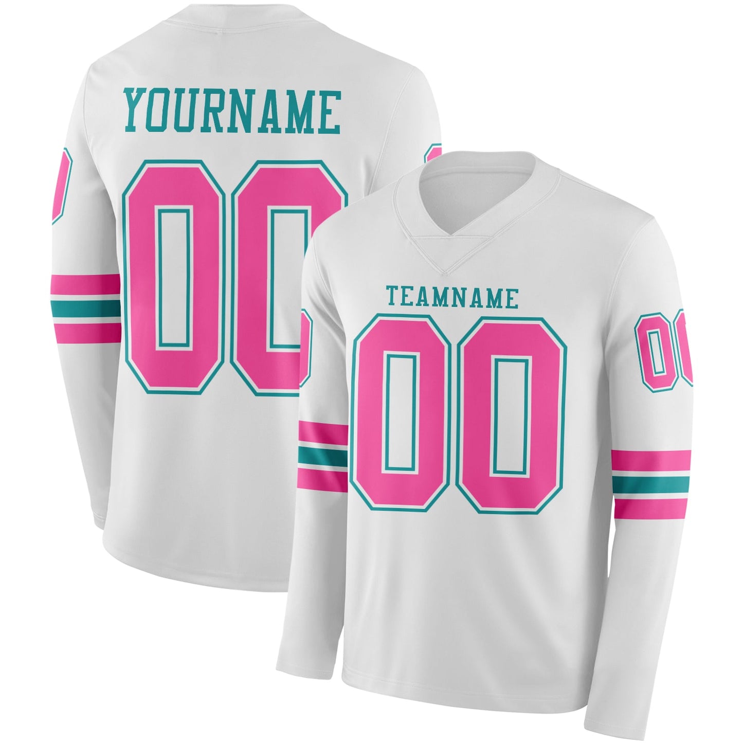 Custom White Pink-Teal Long Sleeve Authentic Football Jersey - Main View