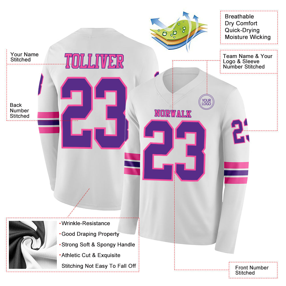 Custom White Purple-Pink Long Sleeve Authentic Football Jersey view 2