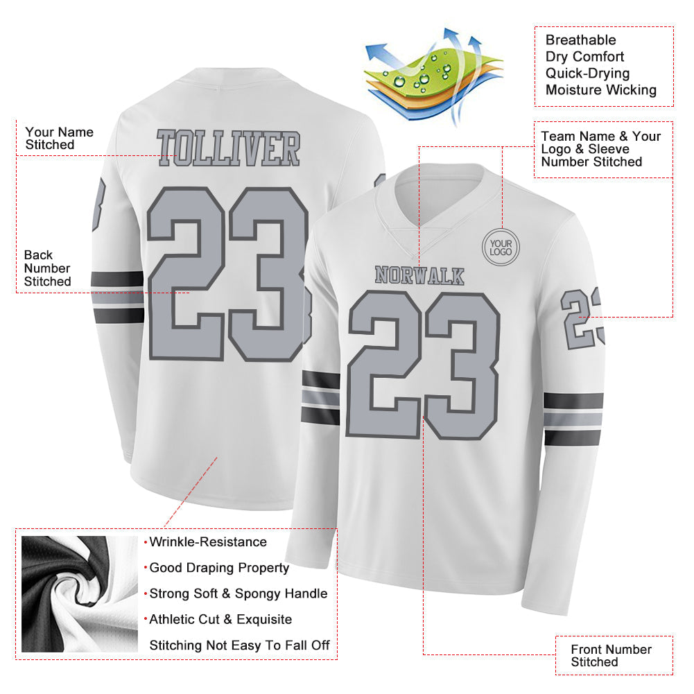 Custom White Gray-Steel Gray Long Sleeve Authentic Football Jersey view 2
