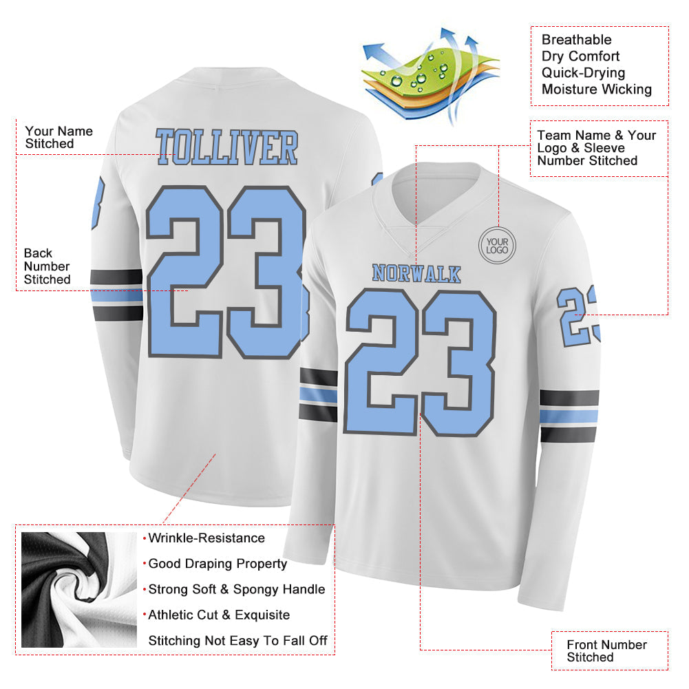 Custom White Light Blue-Steel Gray Long Sleeve Authentic Football Jersey view 2
