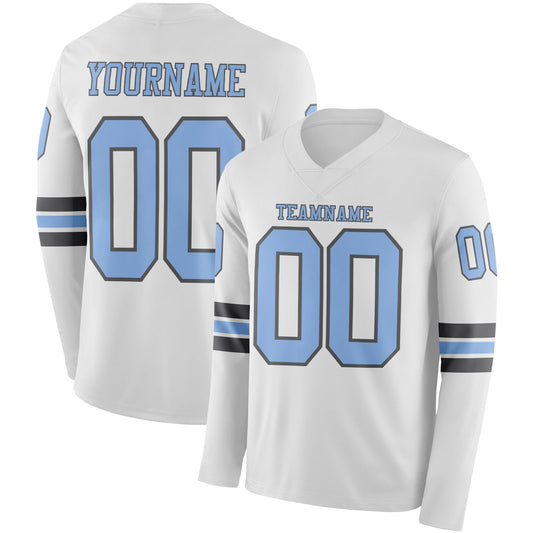 Custom White Light Blue-Steel Gray Long Sleeve Authentic Football Jersey - Main View