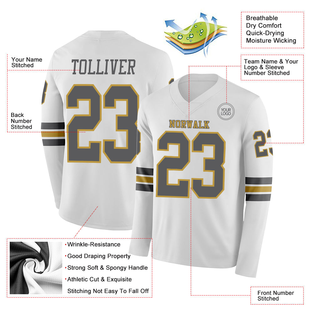 Custom White Steel Gray-Old Gold Long Sleeve Authentic Football Jersey view 2