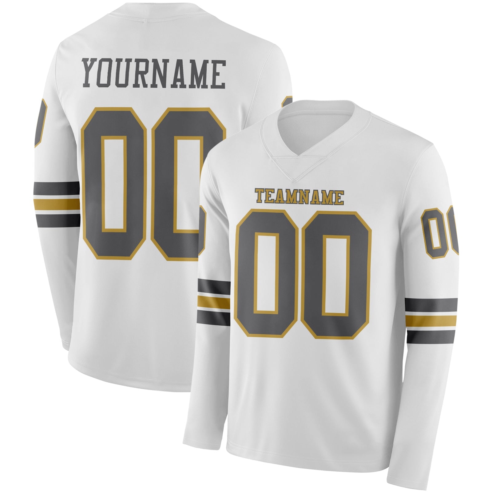 Custom White Steel Gray-Old Gold Long Sleeve Authentic Football Jersey - Main View