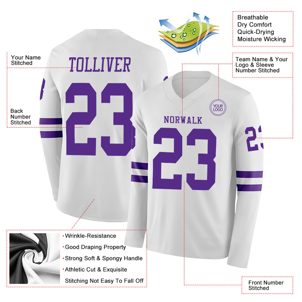 Custom White Purple Long Sleeve Authentic Football Jersey view 2