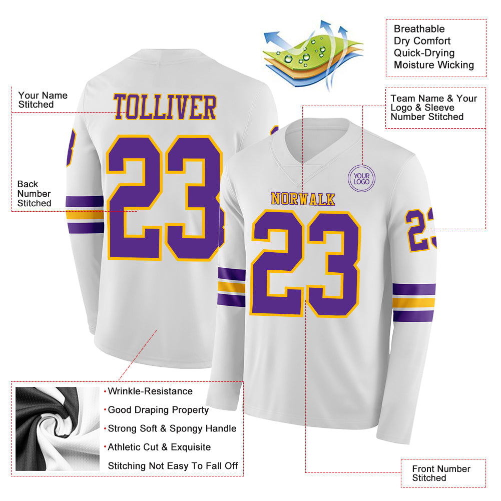 Custom White Purple-Gold Long Sleeve Authentic Football Jersey view 2