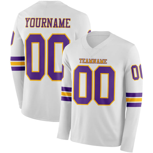 Custom White Purple-Gold Long Sleeve Authentic Football Jersey - Main View