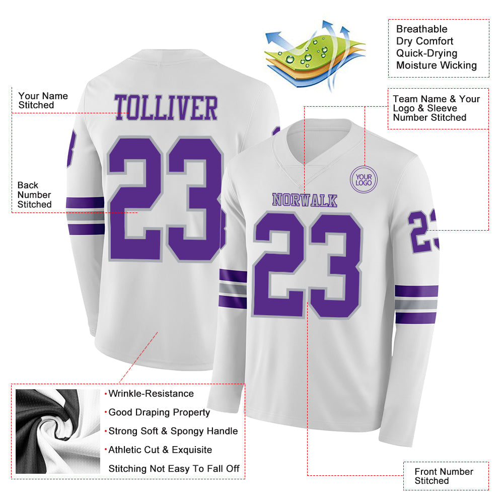 Custom White Purple-Gray Long Sleeve Authentic Football Jersey view 2