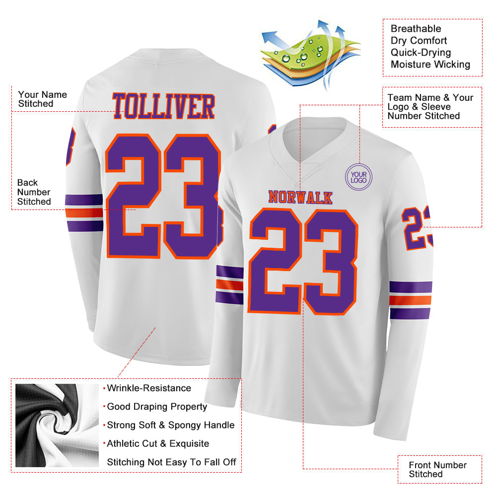 Custom White Purple-Orange Long Sleeve Authentic Football Jersey view 2