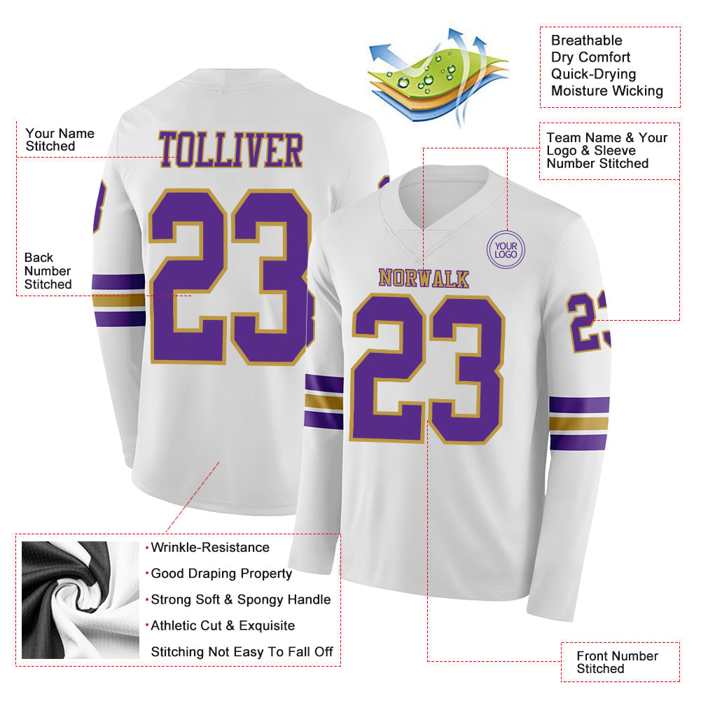 Custom White Purple-Old Gold Long Sleeve Authentic Football Jersey view 2