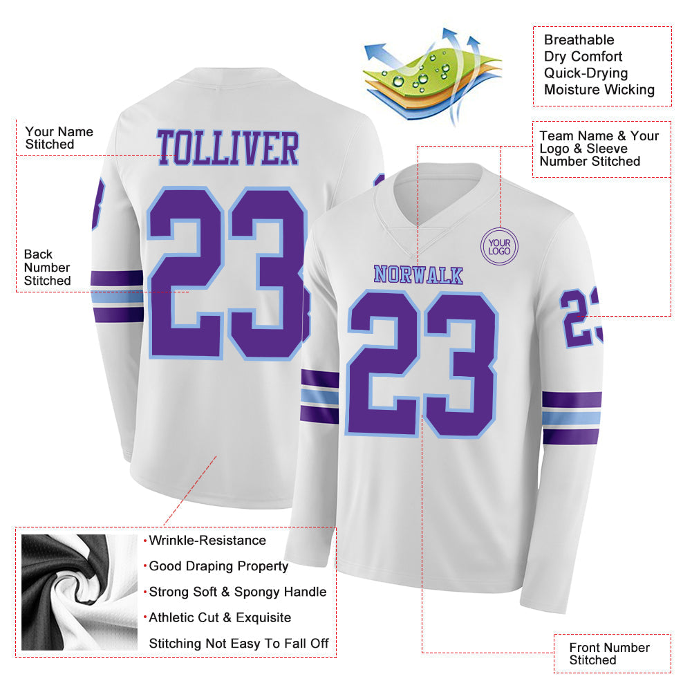 Custom White Purple-Light Blue Long Sleeve Authentic Football Jersey view 2