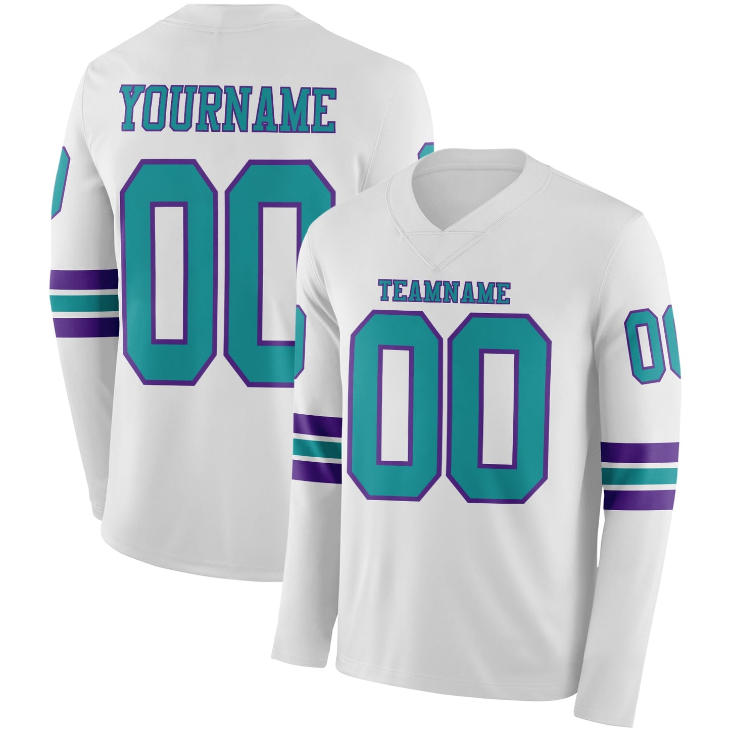Custom White Teal-Purple Long Sleeve Authentic Football Jersey - Main View