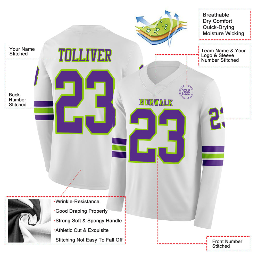Custom White Purple-Neon Green Long Sleeve Authentic Football Jersey view 2