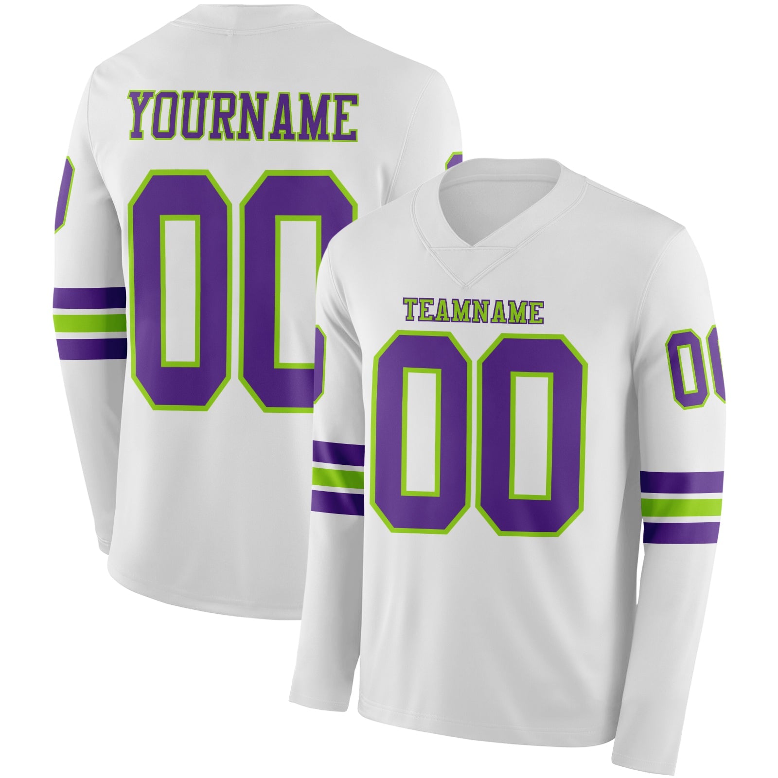 Custom White Purple-Neon Green Long Sleeve Authentic Football Jersey - Main View