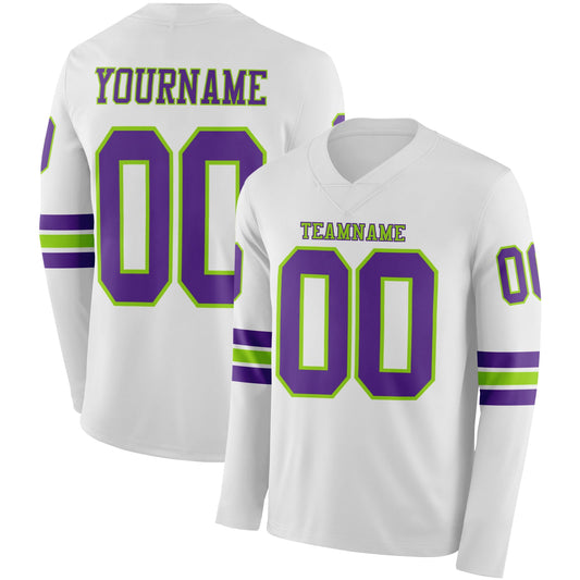 Custom White Purple-Neon Green Long Sleeve Authentic Football Jersey - Main View