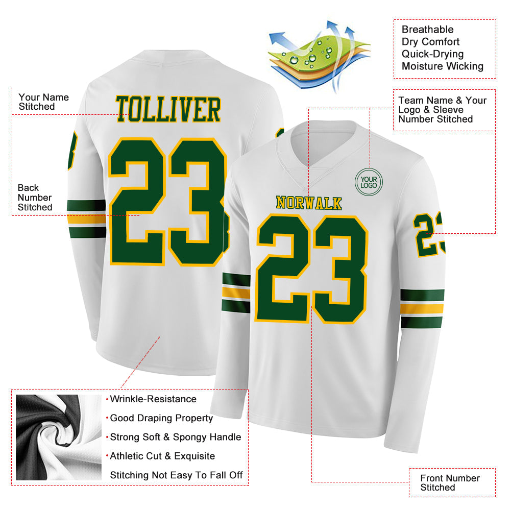Custom White Green-Gold Long Sleeve Authentic Football Jersey view 2