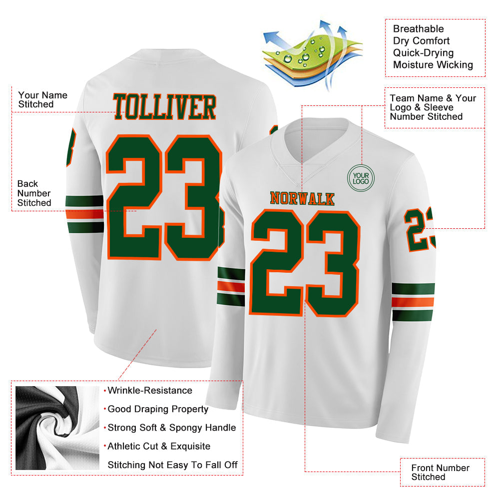 Custom White Green-Orange Long Sleeve Authentic Football Jersey view 2
