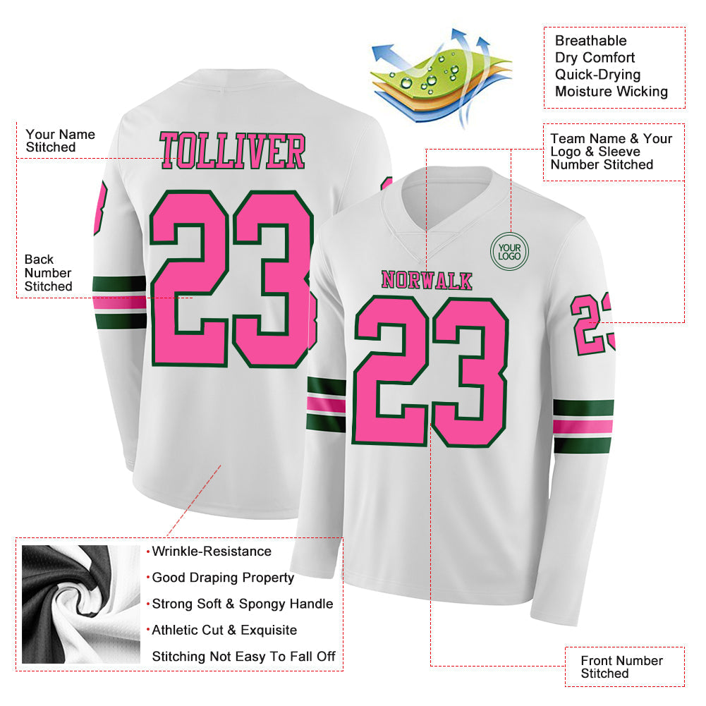 Custom White Pink-Green Long Sleeve Authentic Football Jersey view 2