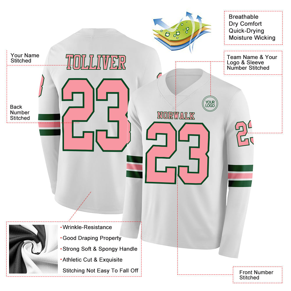 Custom White Medium Pink-Green Long Sleeve Authentic Football Jersey view 2