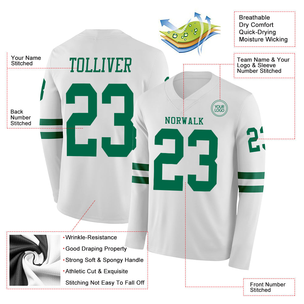 Custom White Kelly Green Long Sleeve Authentic Football Jersey view 2