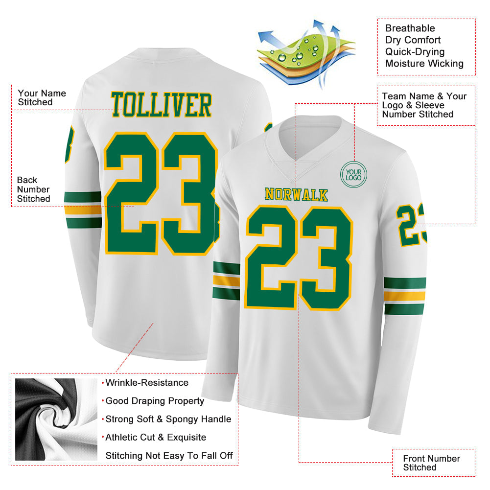 Custom White Kelly Green-Gold Long Sleeve Authentic Football Jersey view 2
