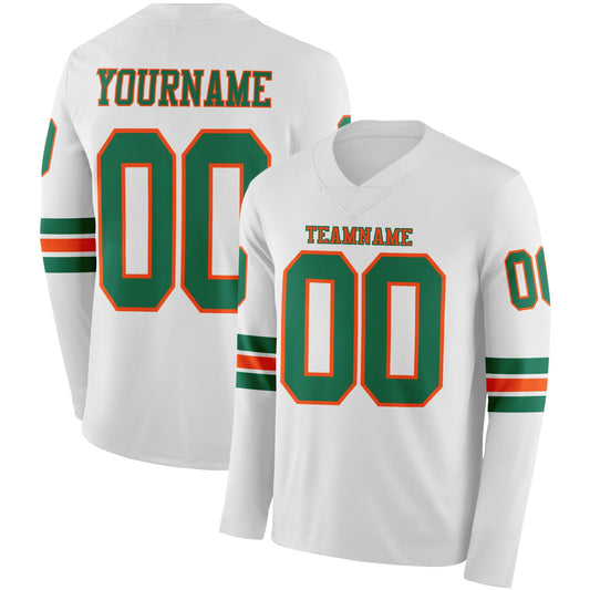 Custom White Kelly Green-Orange Long Sleeve Authentic Football Jersey - Main View