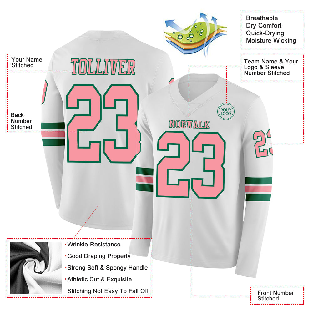 Custom White Medium Pink-Kelly Green Long Sleeve Authentic Football Jersey view 2