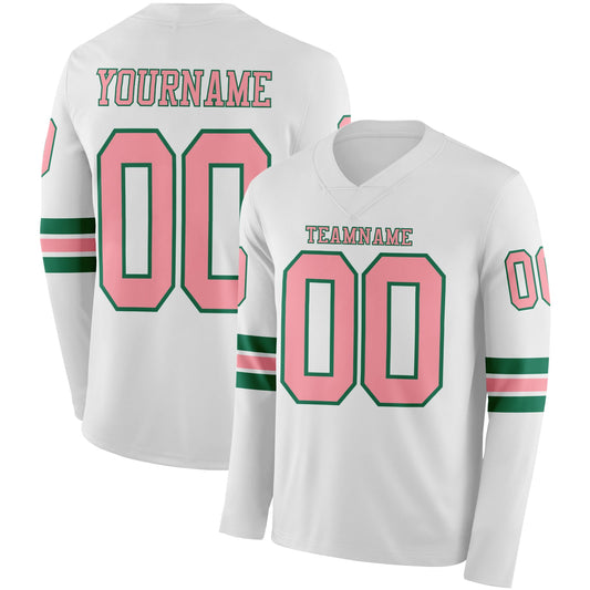 Custom White Medium Pink-Kelly Green Long Sleeve Authentic Football Jersey - Main View