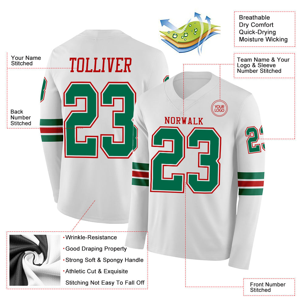 Custom White Kelly Green-Red Long Sleeve Authentic Football Jersey view 2