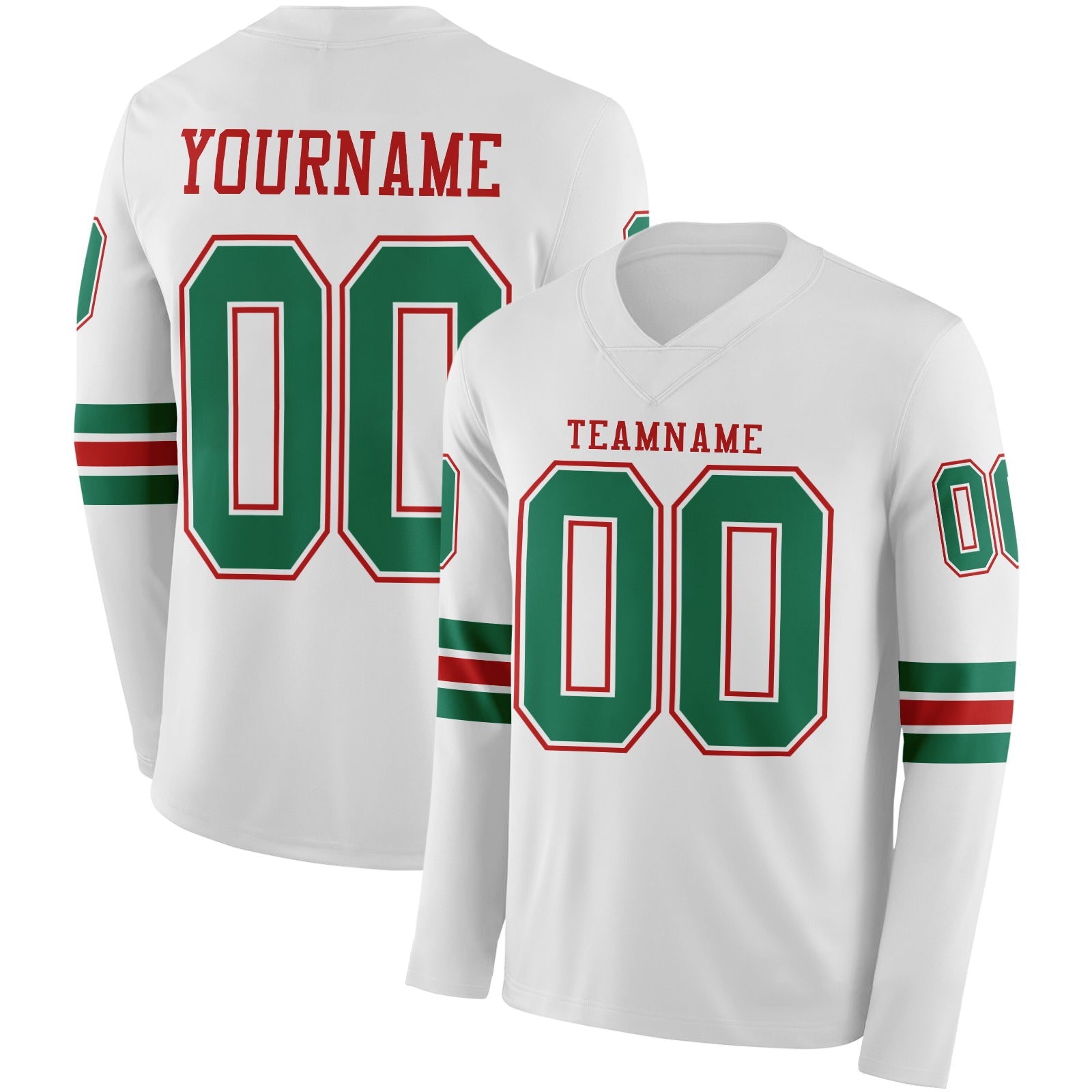 Custom White Kelly Green-Red Long Sleeve Authentic Football Jersey - Main View