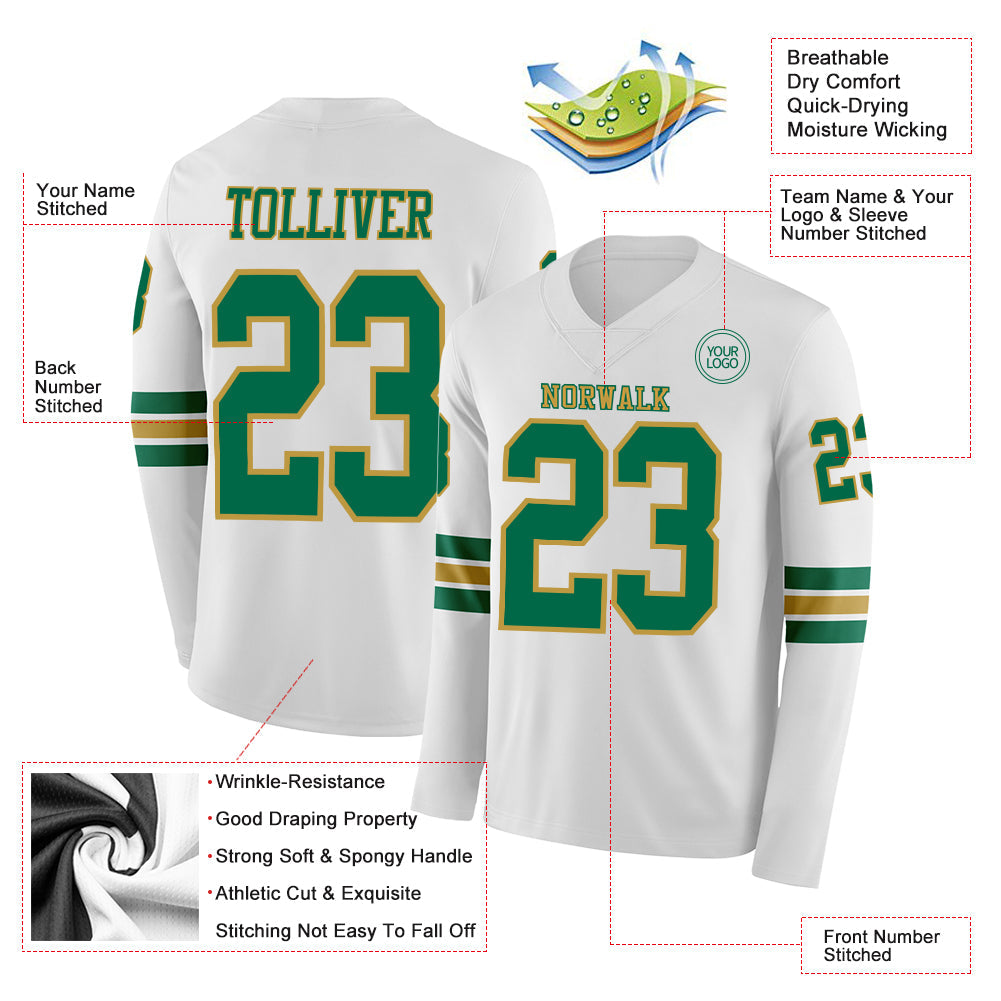 Custom White Kelly Green-Old Gold Long Sleeve Authentic Football Jersey view 2