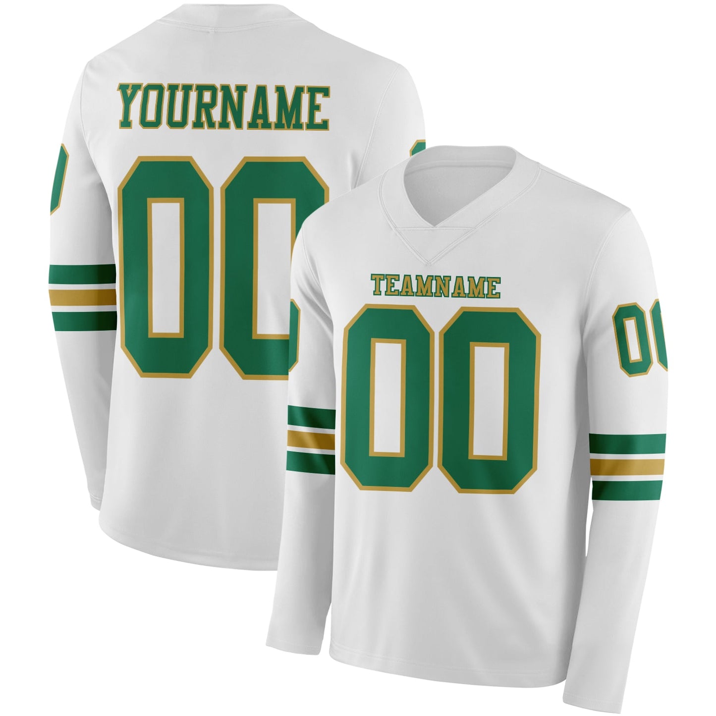 Custom White Kelly Green-Old Gold Long Sleeve Authentic Football Jersey - Main View