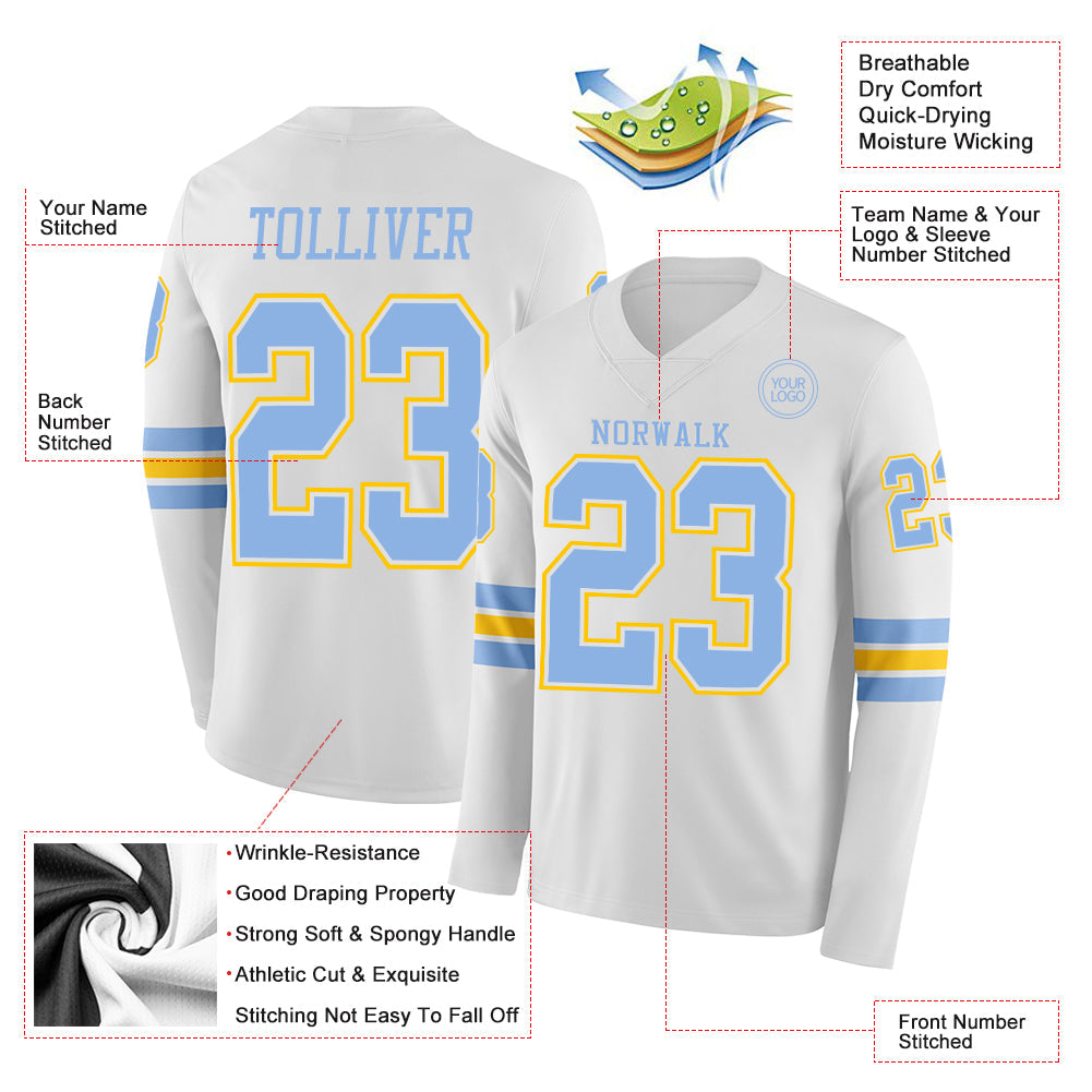 Custom White Light Blue-Yellow Long Sleeve Authentic Football Jersey view 2