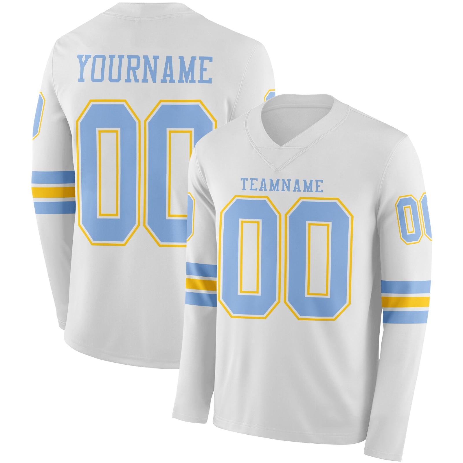 Custom White Light Blue-Yellow Long Sleeve Authentic Football Jersey - Main View