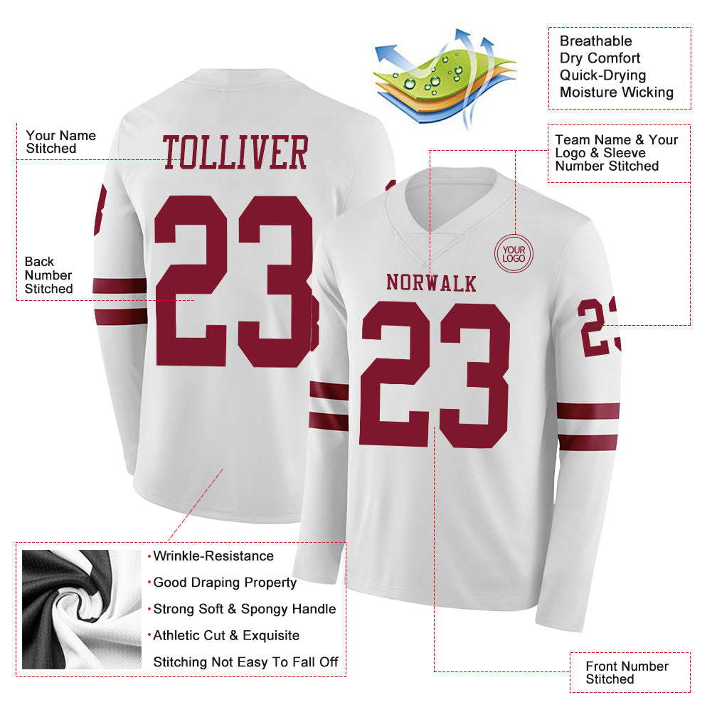 Custom White Crimson Long Sleeve Authentic Football Jersey view 2