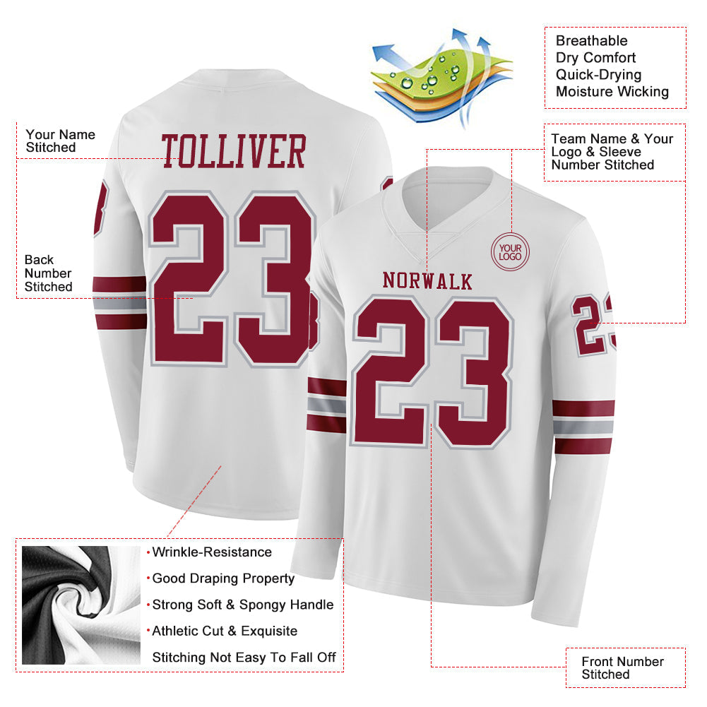 Custom White Crimson-Gray Long Sleeve Authentic Football Jersey view 2