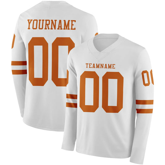 Custom White Texas Orange Long Sleeve Authentic Football Jersey - Main View