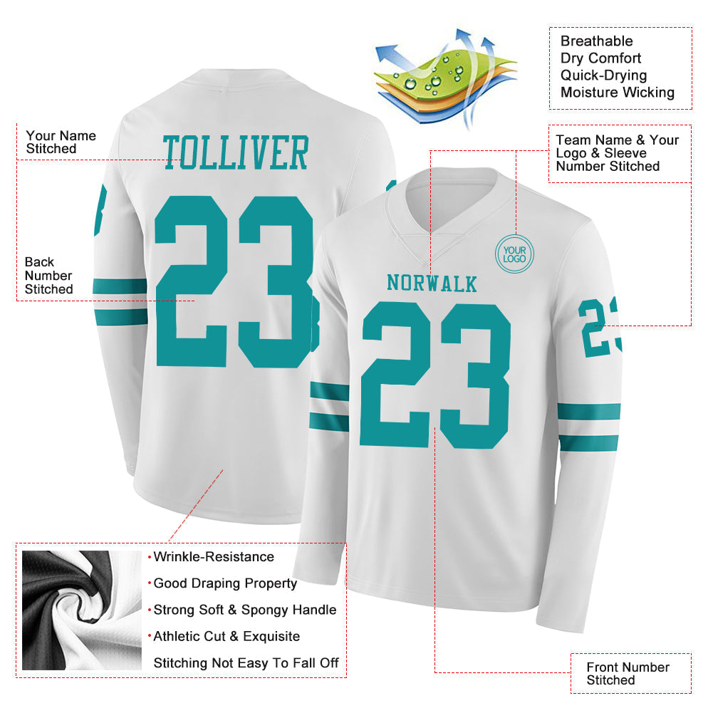 Custom White Teal Long Sleeve Authentic Football Jersey view 2