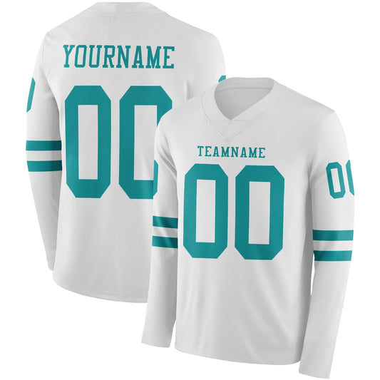 Custom White Teal Long Sleeve Authentic Football Jersey - Main View