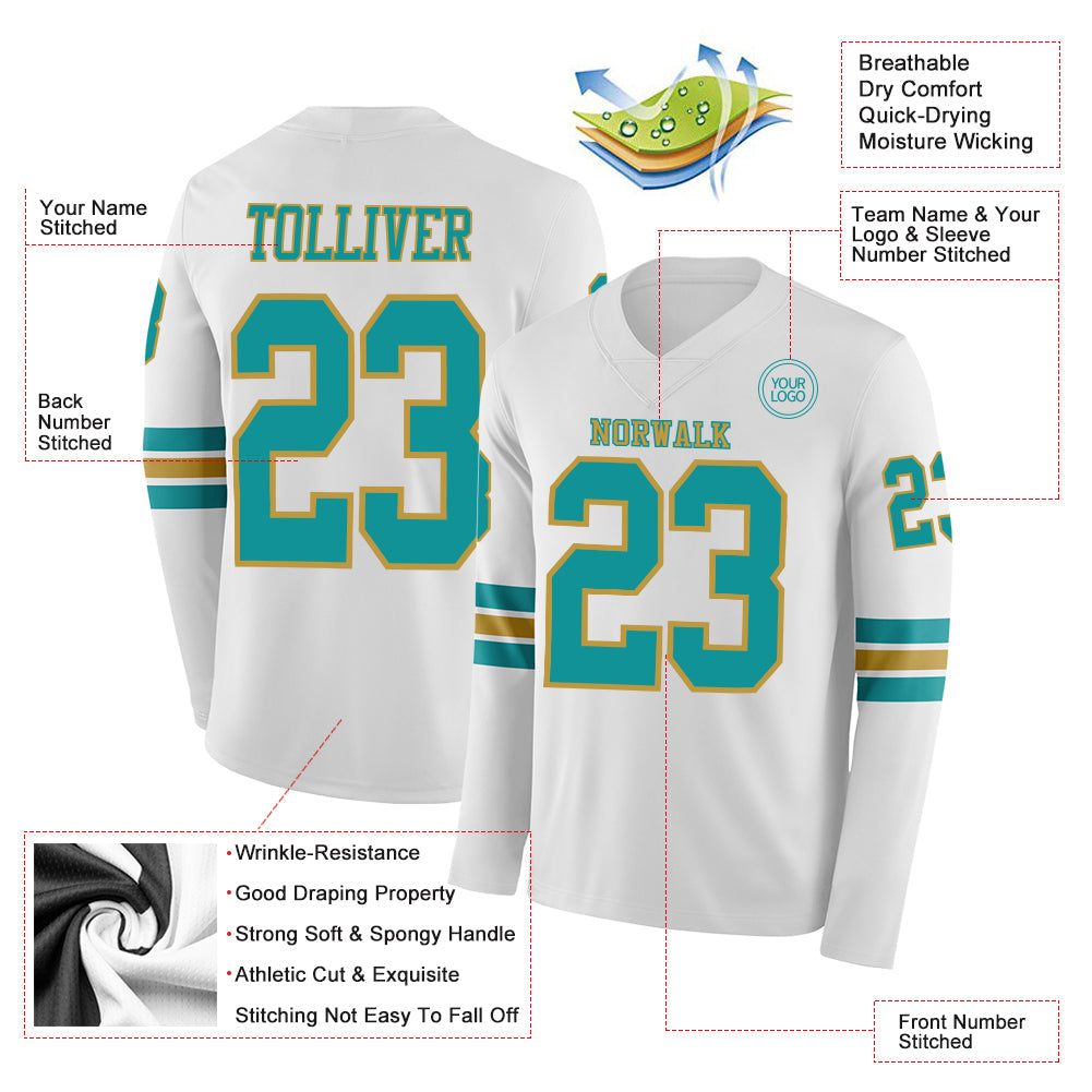 Custom White Teal-Old Gold Long Sleeve Authentic Football Jersey view 2