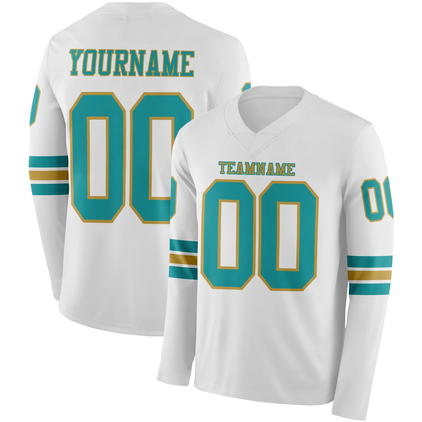 Custom White Teal-Old Gold Long Sleeve Authentic Football Jersey - Main View