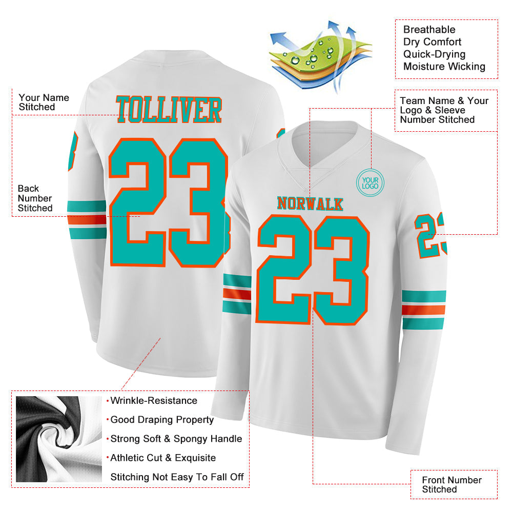 Custom White Aqua-Orange Long Sleeve Authentic Football Jersey view 2