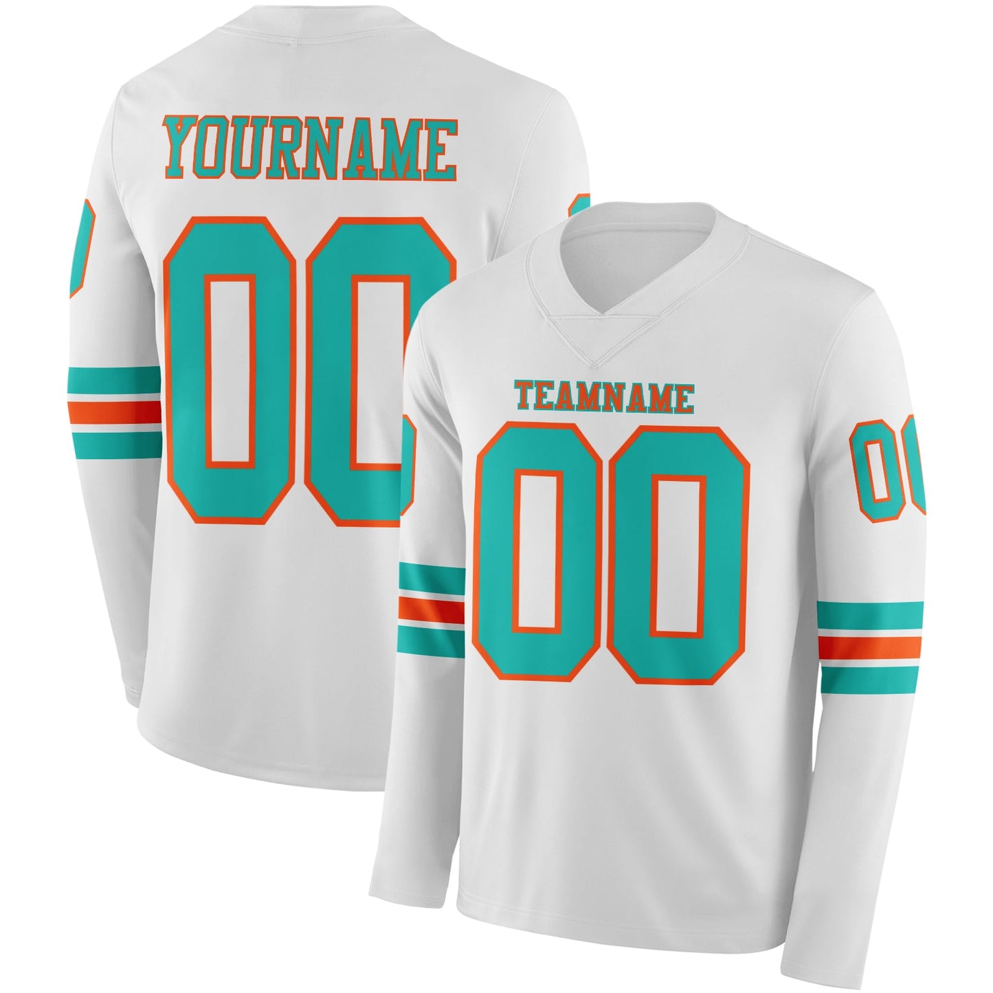 Custom White Aqua-Orange Long Sleeve Authentic Football Jersey - Main View