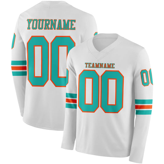 Custom White Aqua-Orange Long Sleeve Authentic Football Jersey - Main View