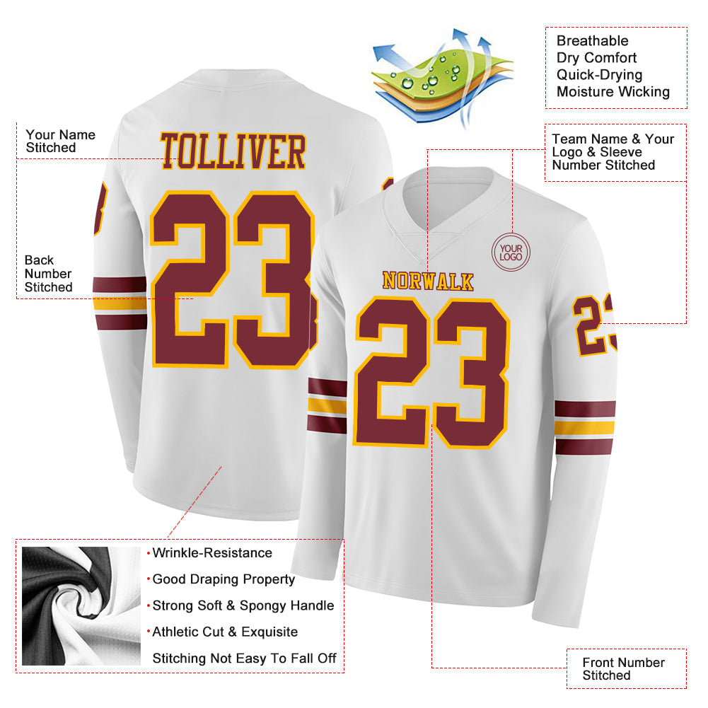 Custom White Burgundy-Gold Long Sleeve Authentic Football Jersey view 2
